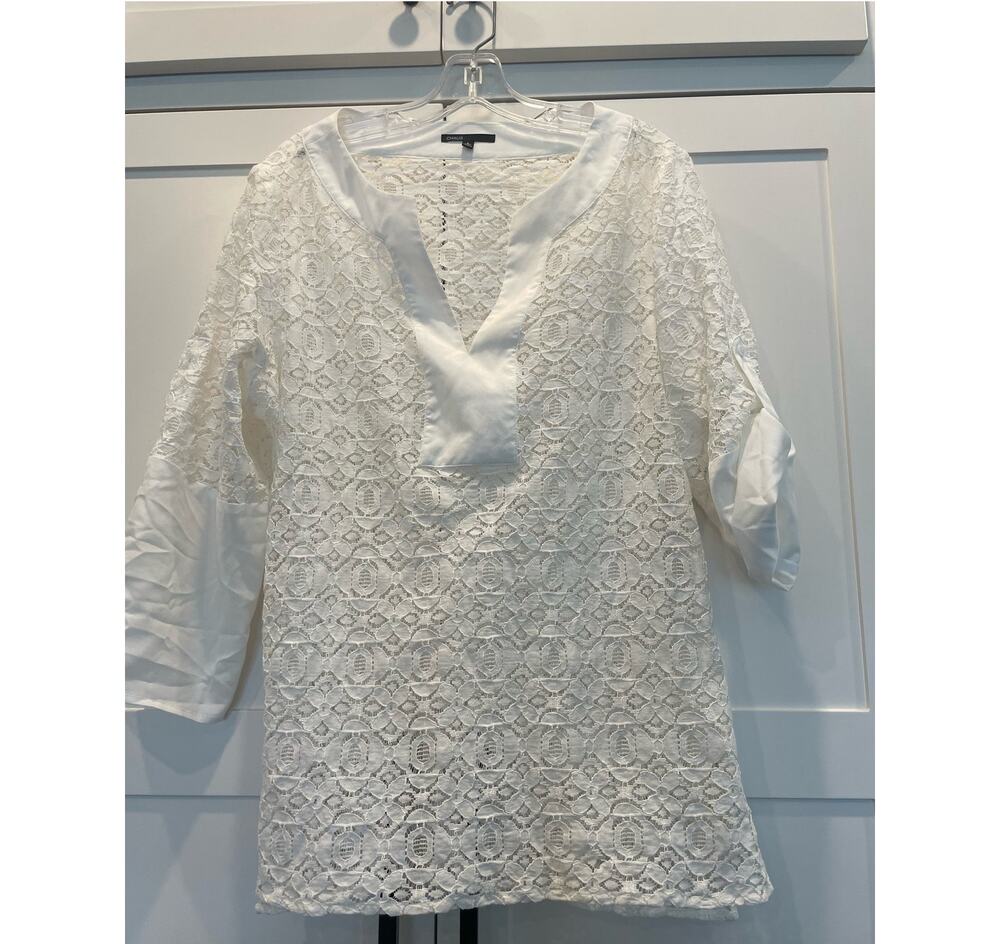 CHAUS white lace tunic or coverup L 3/4 length sleeve V-neck